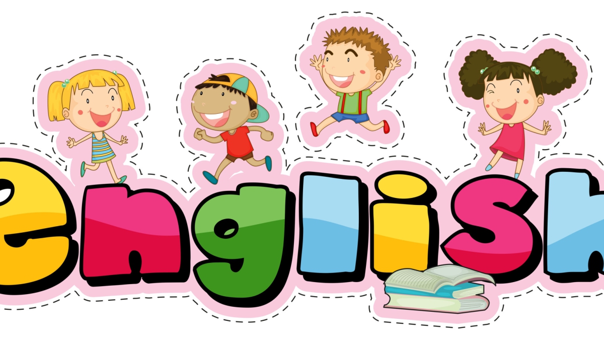 Sticker design for word english with happy kids illustration