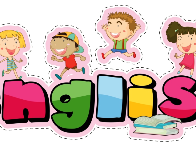 Sticker design for word english with happy kids illustration