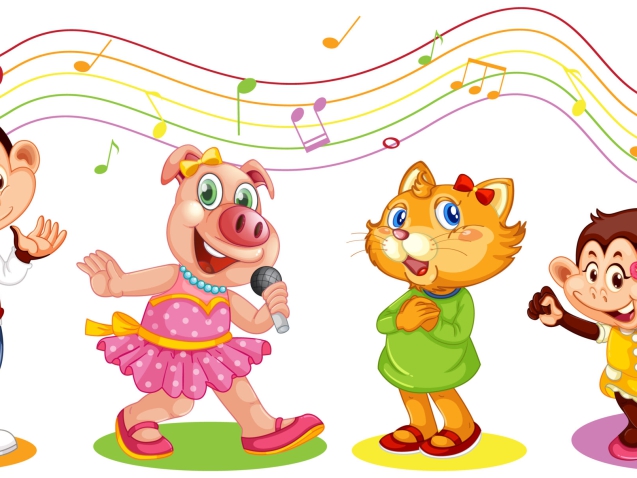 Cute animals cartoon character with musical melody symbols illustration