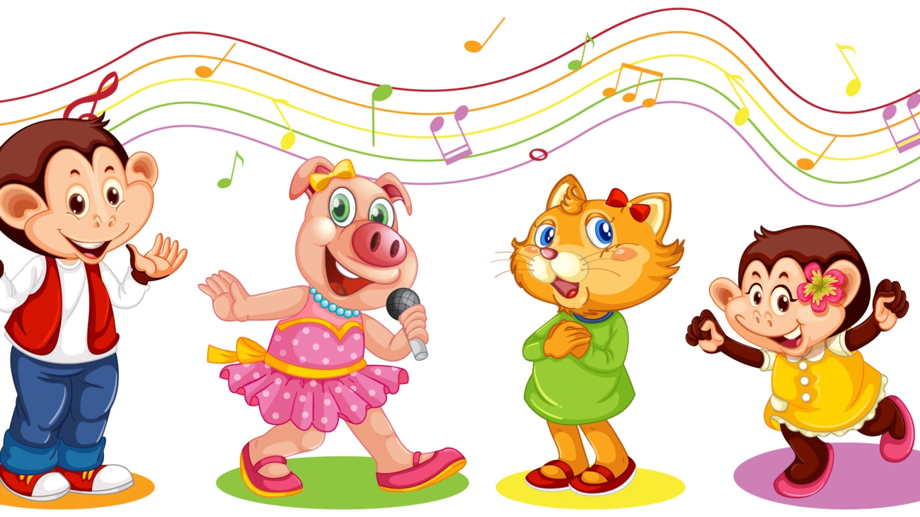 Cute animals cartoon character with musical melody symbols illustration