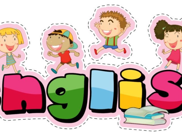 Sticker design for word english with happy kids illustration