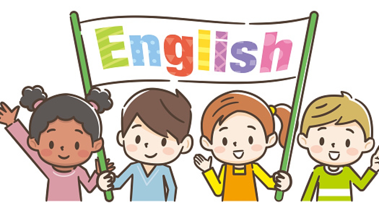 Children raising a flag written in English
