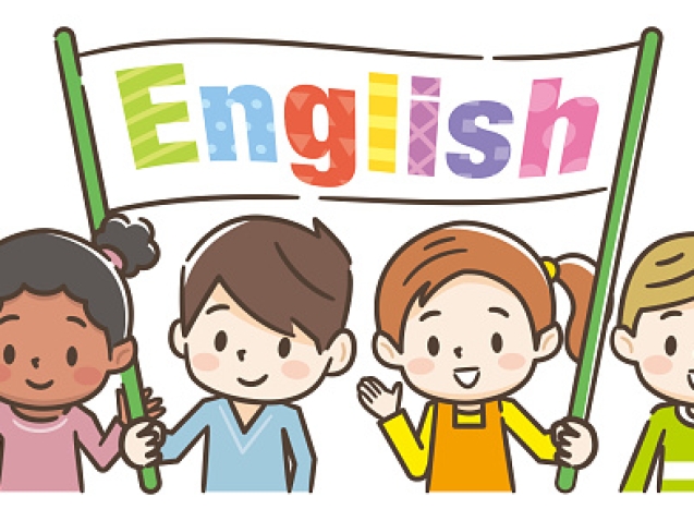 Children raising a flag written in English